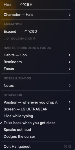 The Hangabout menu: character, Expand, habits, reminders, focus, notes and behaviour settings