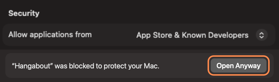 System Settings, Privacy & Security: “Hangabout” was blocked to protect your Mac, with the Open Anyway button circled